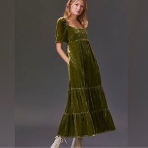 Anthropology green velvet midi dress